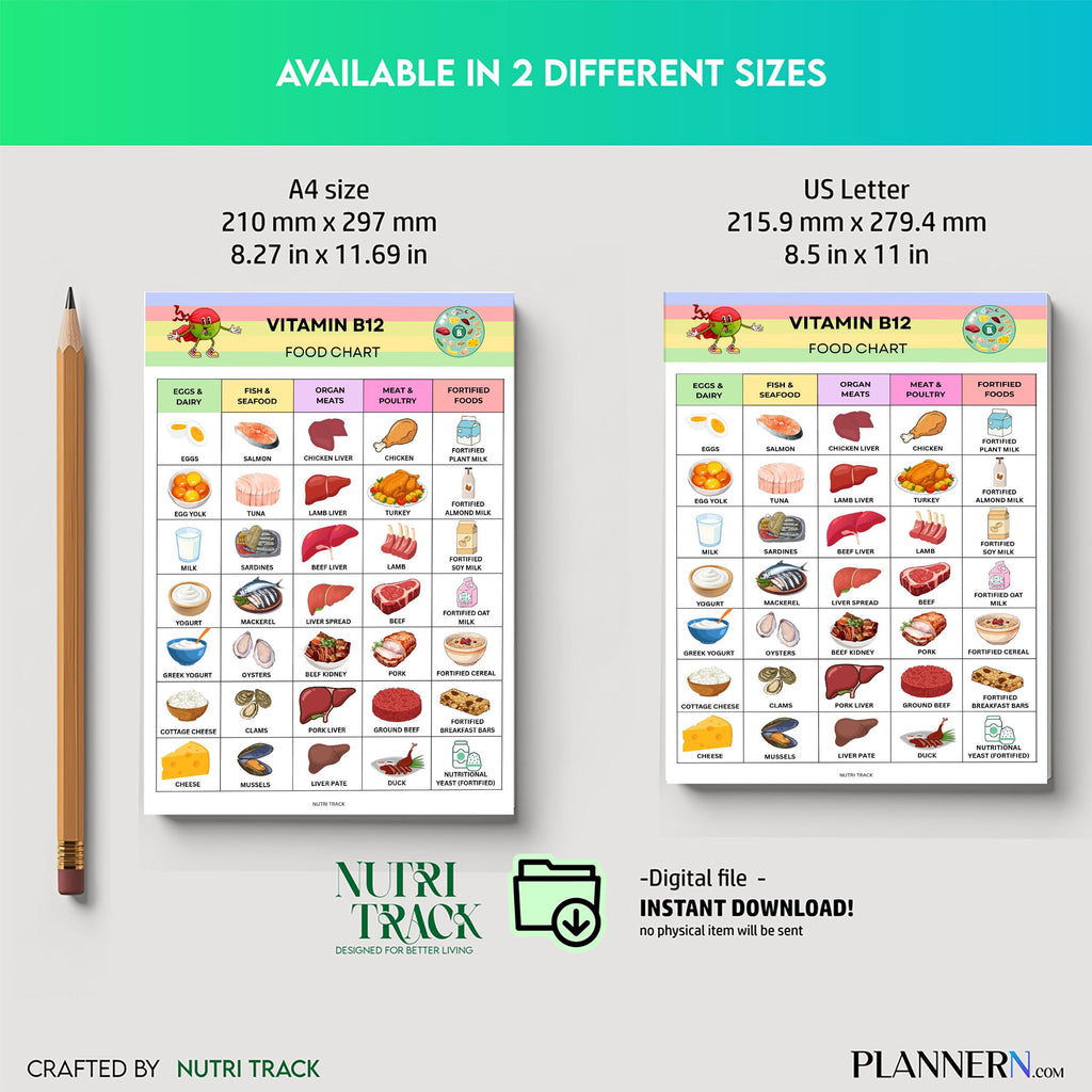 Vitamin B12 Food List Printable, B12 Rich Food Chart, Energy Supporting Foods, B12 Deficiency Diet Guide, H... | Nutri Track printable