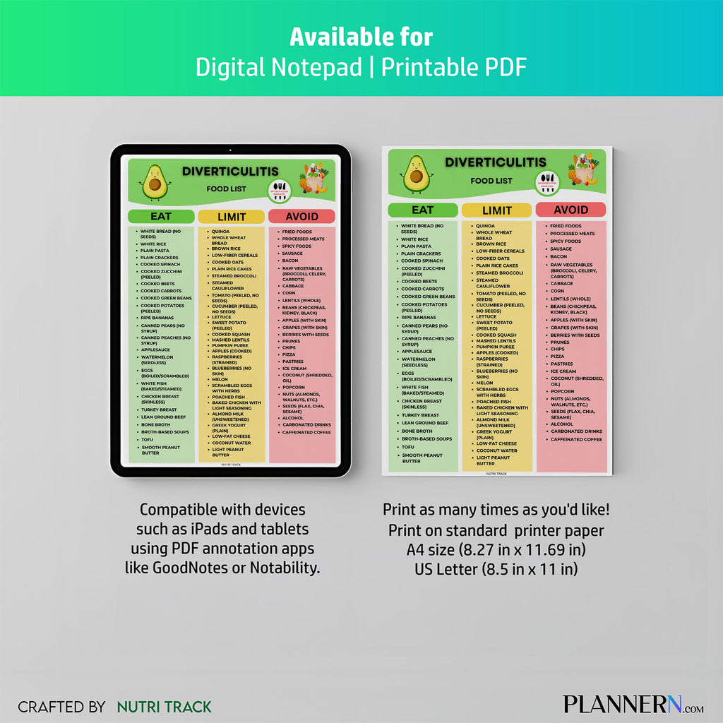 Colon Health Diet — Diverticulitis Diet Food Chart, Low Fiber Foods List for Gut Health & Digestion, Low Fi... | Nutri Track printable