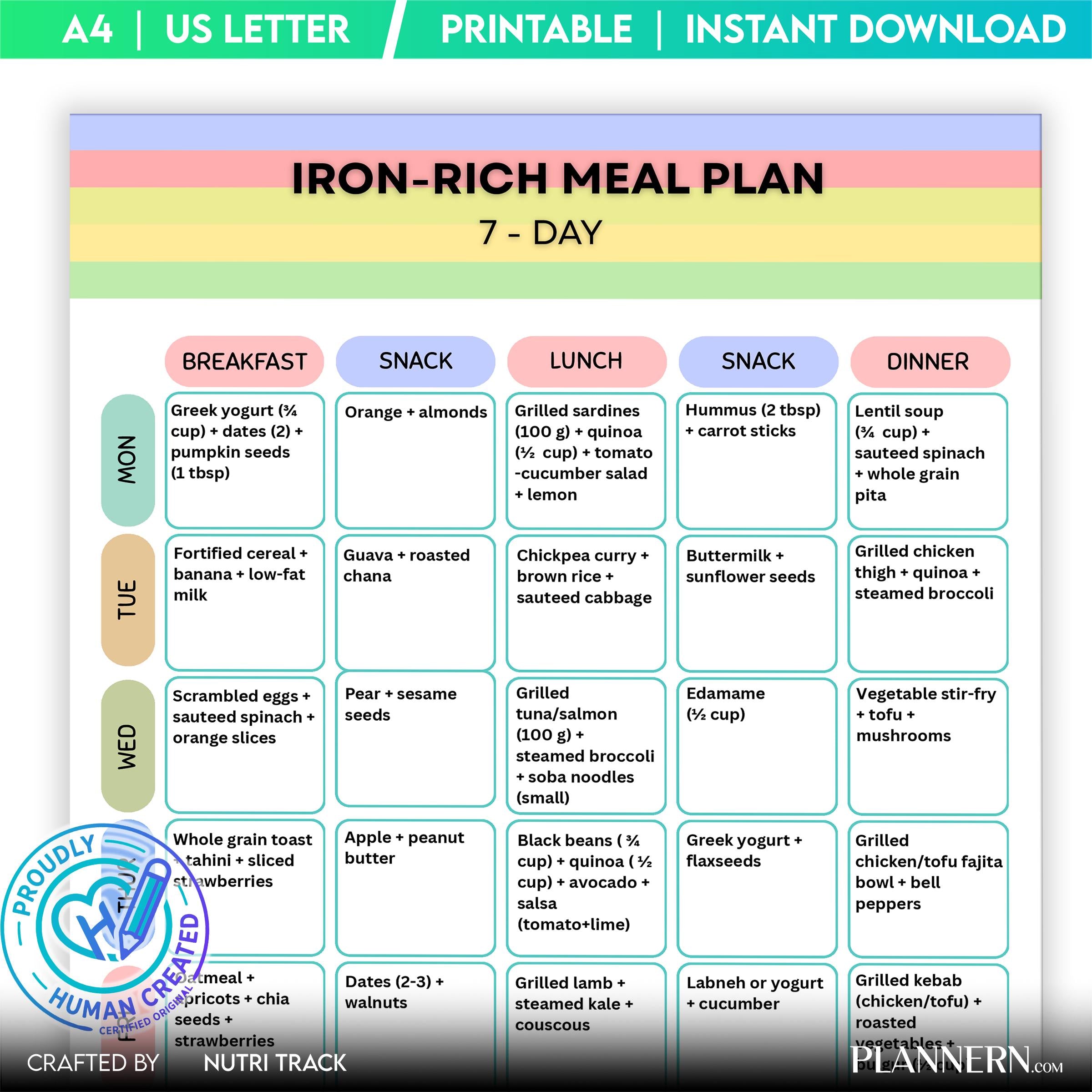 Iron Rich 7 Day Meal Plan Printable, High Iron Diet Plan, Weekly Iron Rich Nutrition, Healthy Iron Rich Gro... | Nutri Track printable