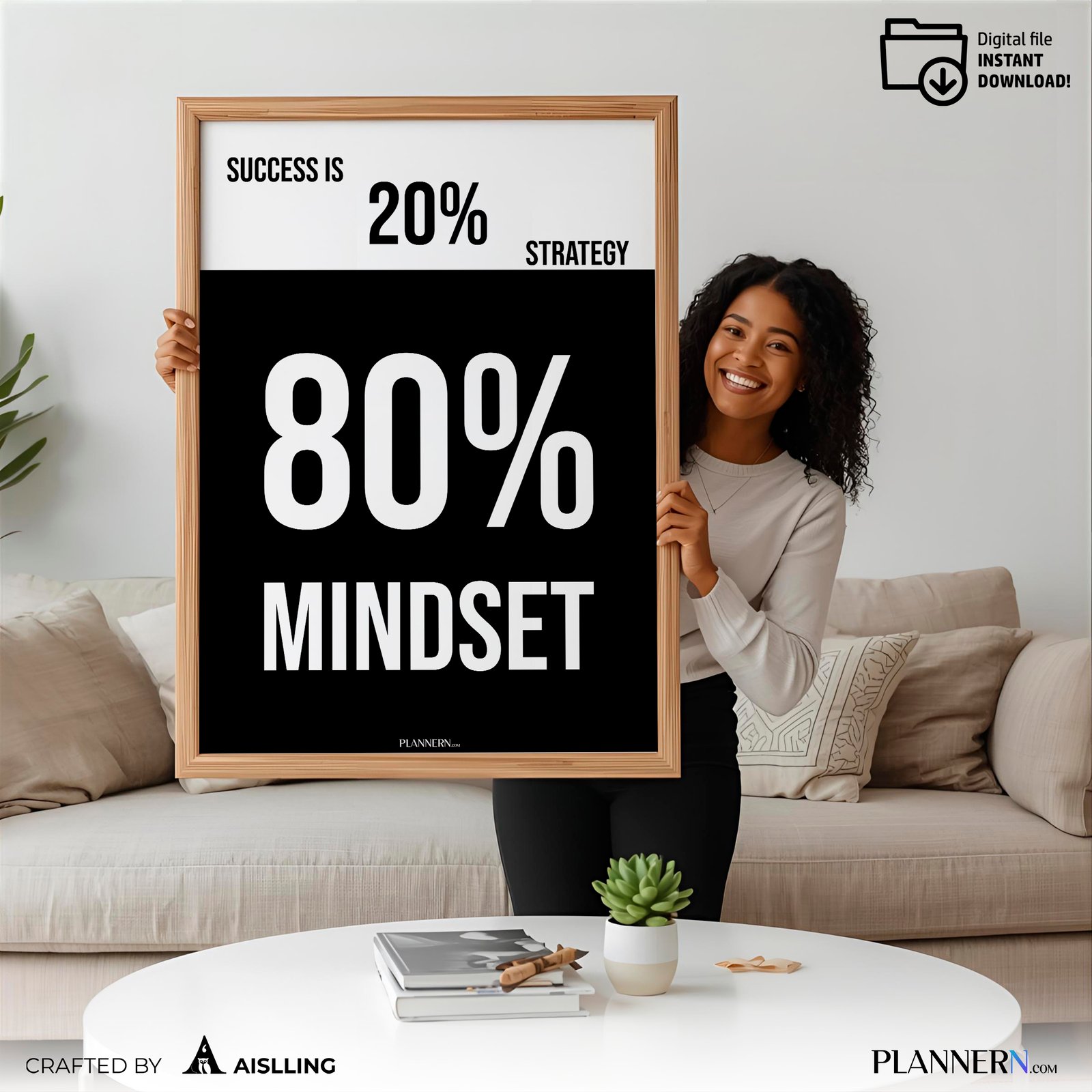 Success is 80% Mindset – Motivational Quote Wall Art - Digital Download