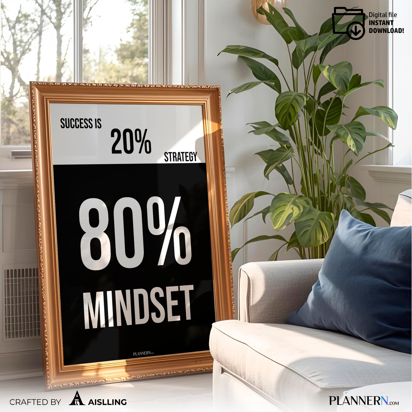 Success is 80% Mindset – Motivational Quote Wall Art - Digital Download