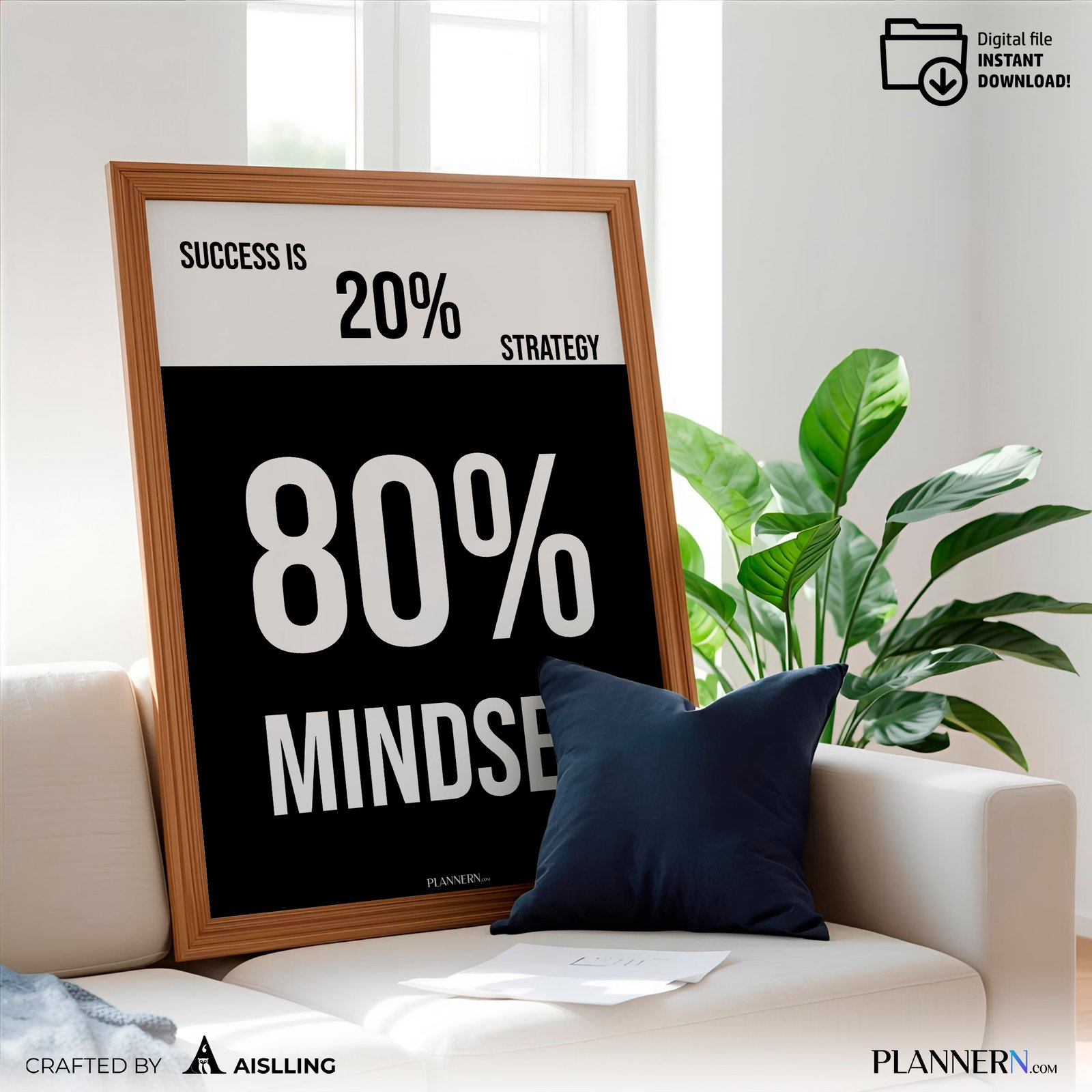 Success is 80% Mindset – Motivational Quote Wall Art - Digital Download