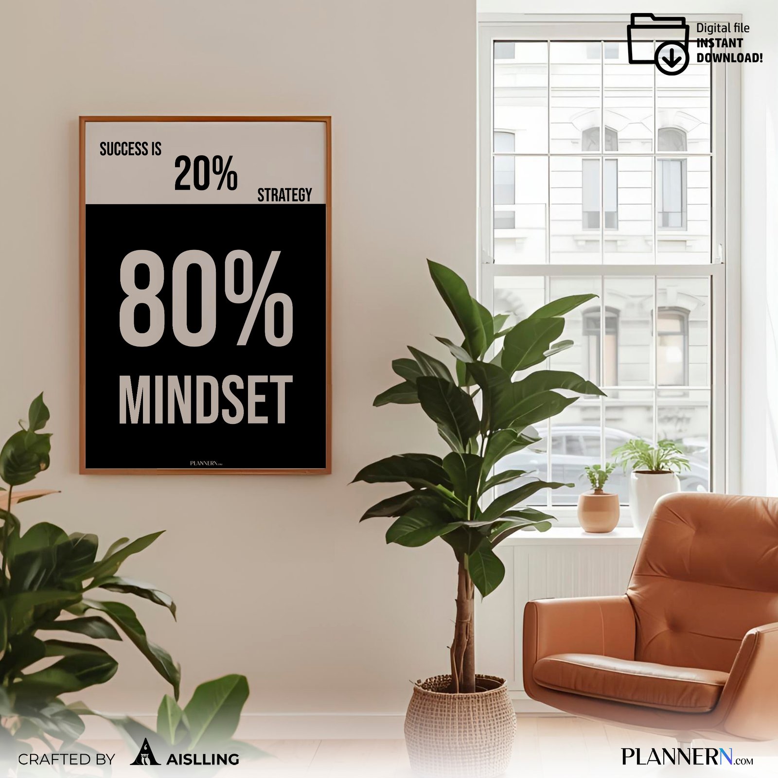 Success is 80% Mindset – Motivational Quote Wall Art - Digital Download