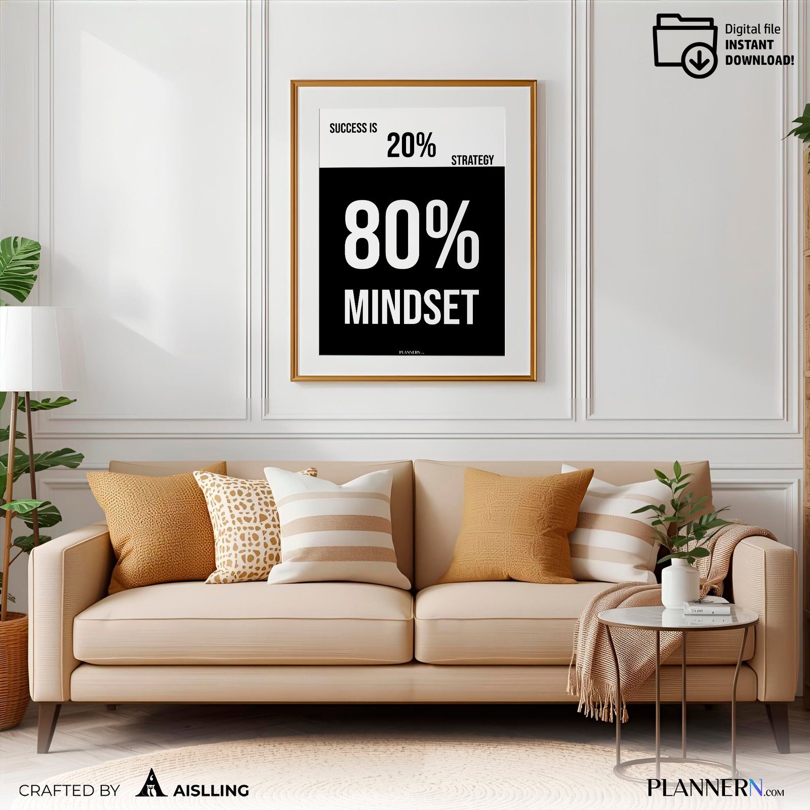 Success is 80% Mindset – Motivational Quote Wall Art - Digital Download
